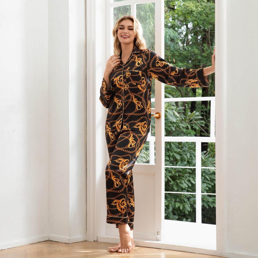 Baroque Chain Print Silk Pajama Set Long Silk Pajamas Silk Two Piece Lounge Set