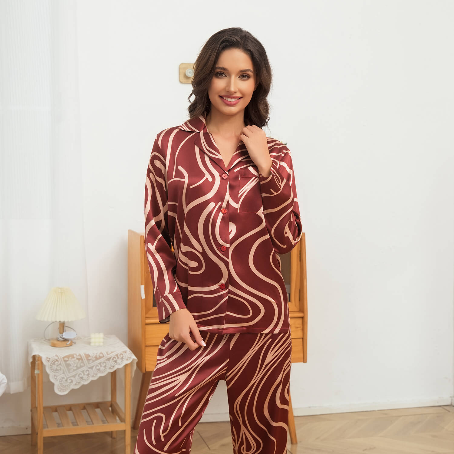 Womens Long Silk Pajama Set Abstract Print Pajamas Silk Set