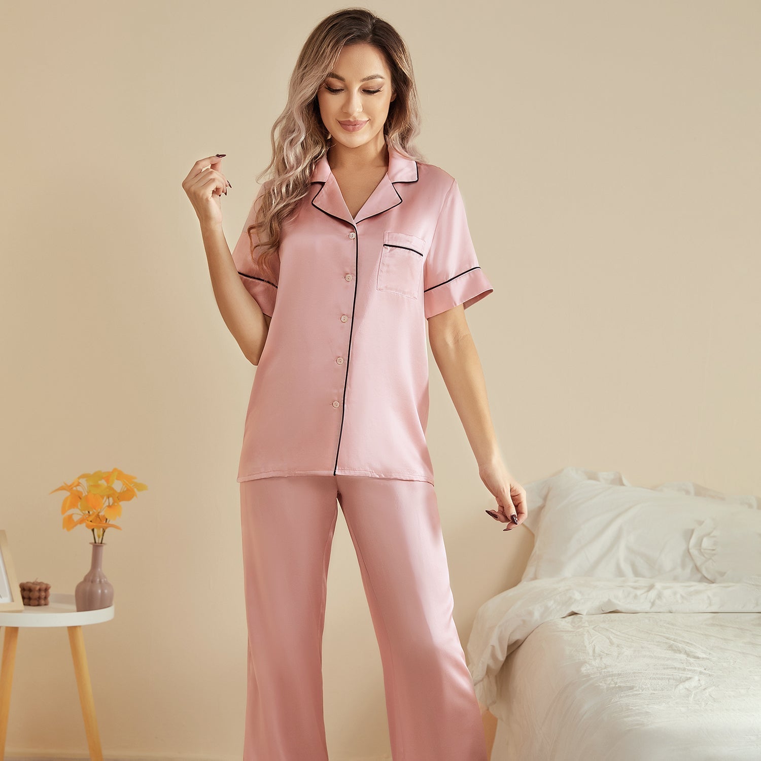 Womens Short Sleeve Silk Pajama Set with Piping Pink Silk Pajamas