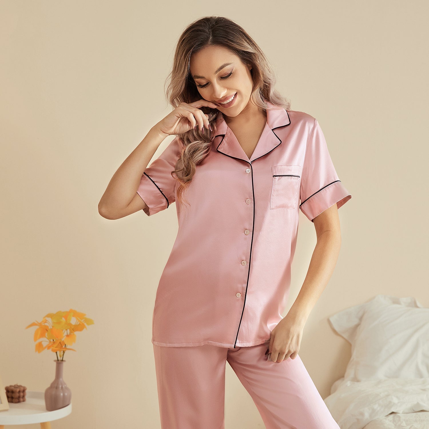 Womens Short Sleeve Silk Pajama Set with Piping Pink Silk Pajamas
