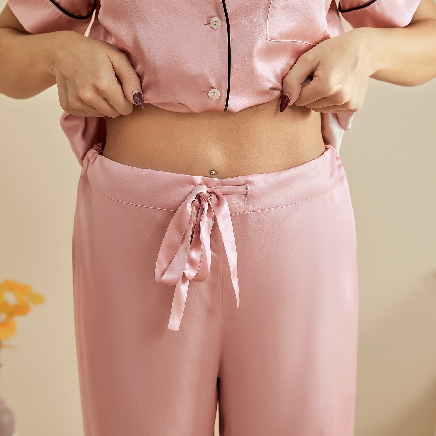 Womens Short Sleeve Silk Pajama Set with Piping Pink Silk Pajamas