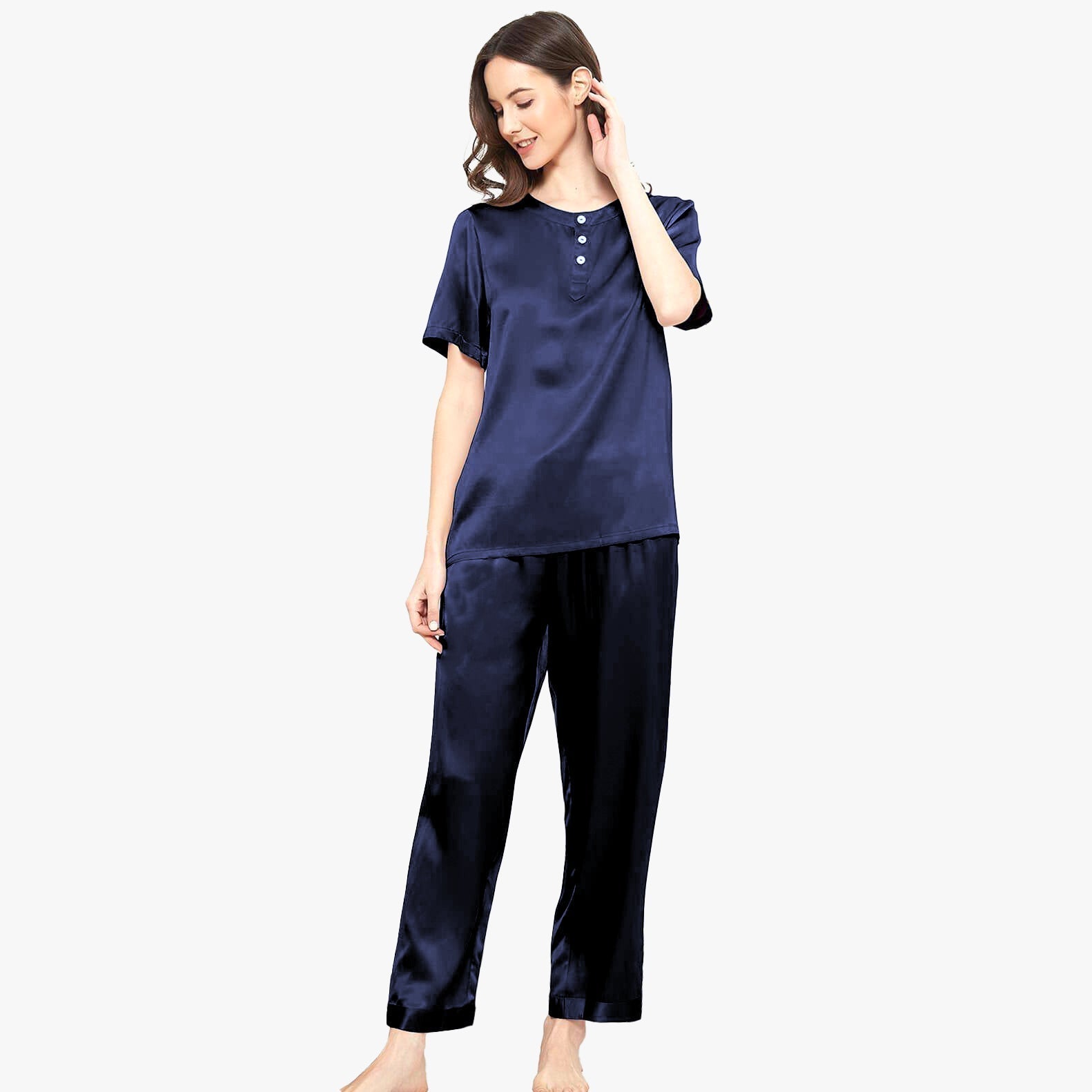 Womens Long Silk Pajama Set Button Front Henley Neckline Sleepwear Silk Set