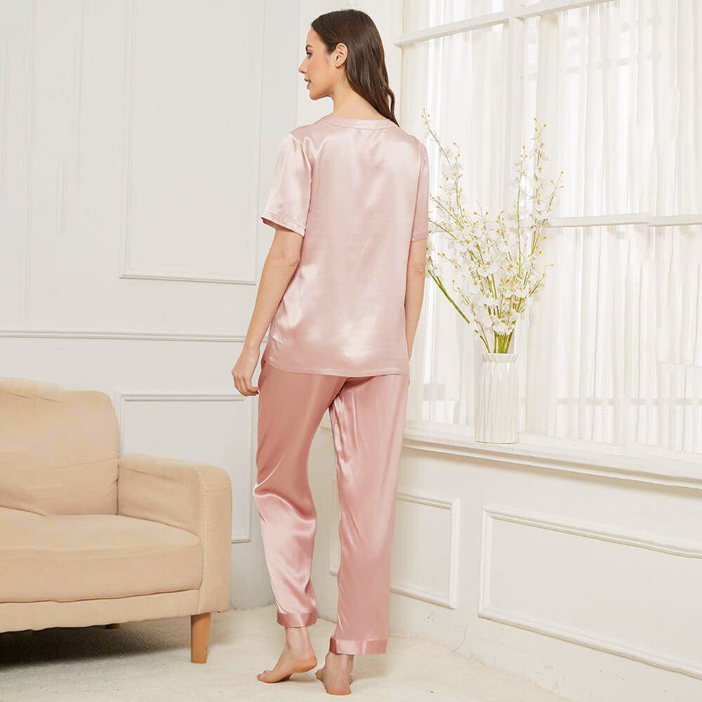 Womens Long Silk Pajama Set Button Front Henley Neckline Sleepwear Silk Set