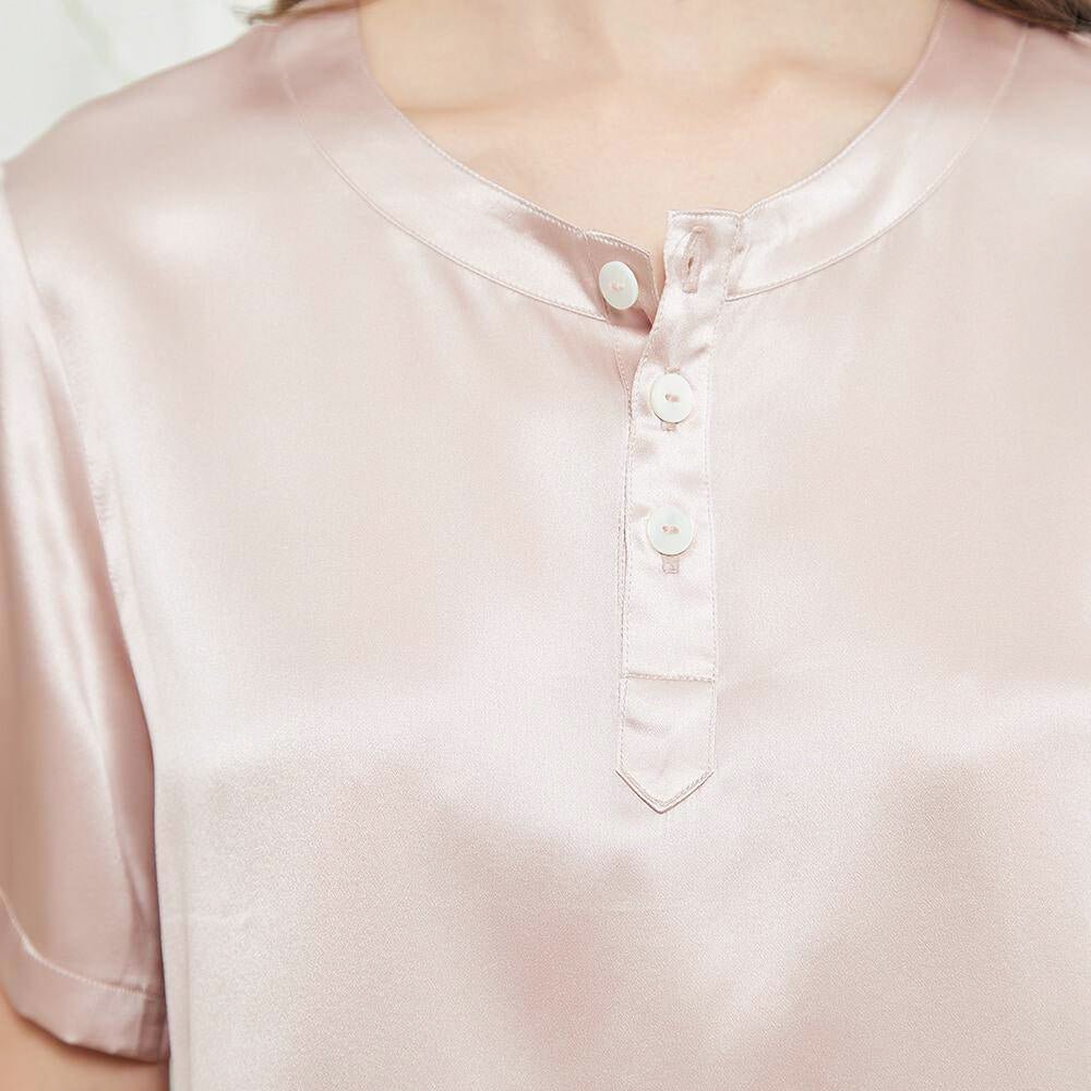 Womens Long Silk Pajama Set Button Front Henley Neckline Sleepwear Silk Set