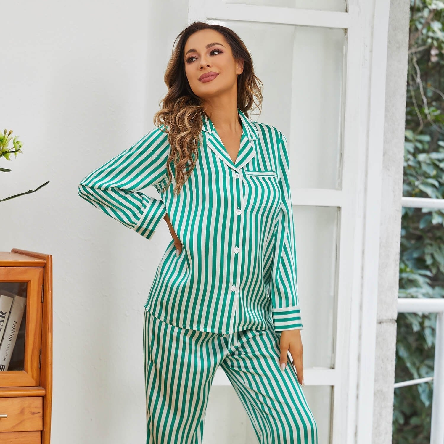 Womens Striped Silk Pajama Set Long Sleeve Silk PJ Set