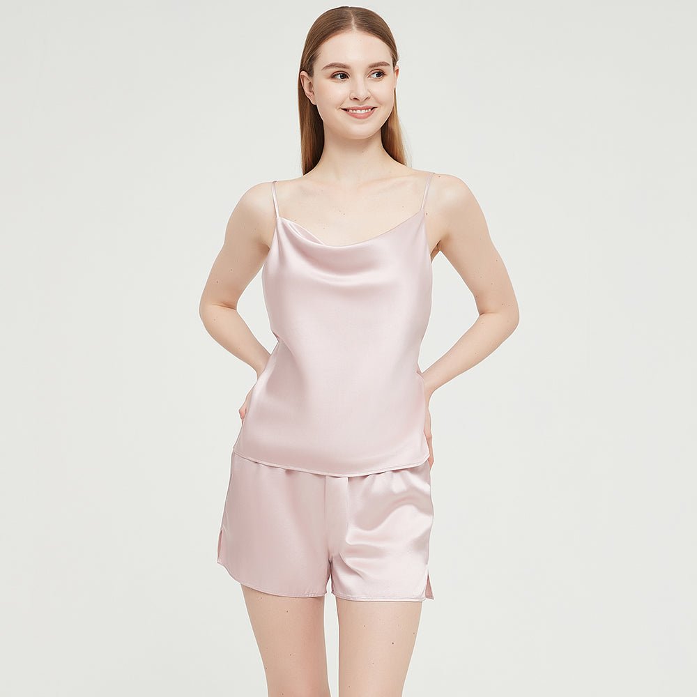 Womens Silk Pyjamas Shorts Set Cowl Neck Silk Camisole Silk Pajama Shorts